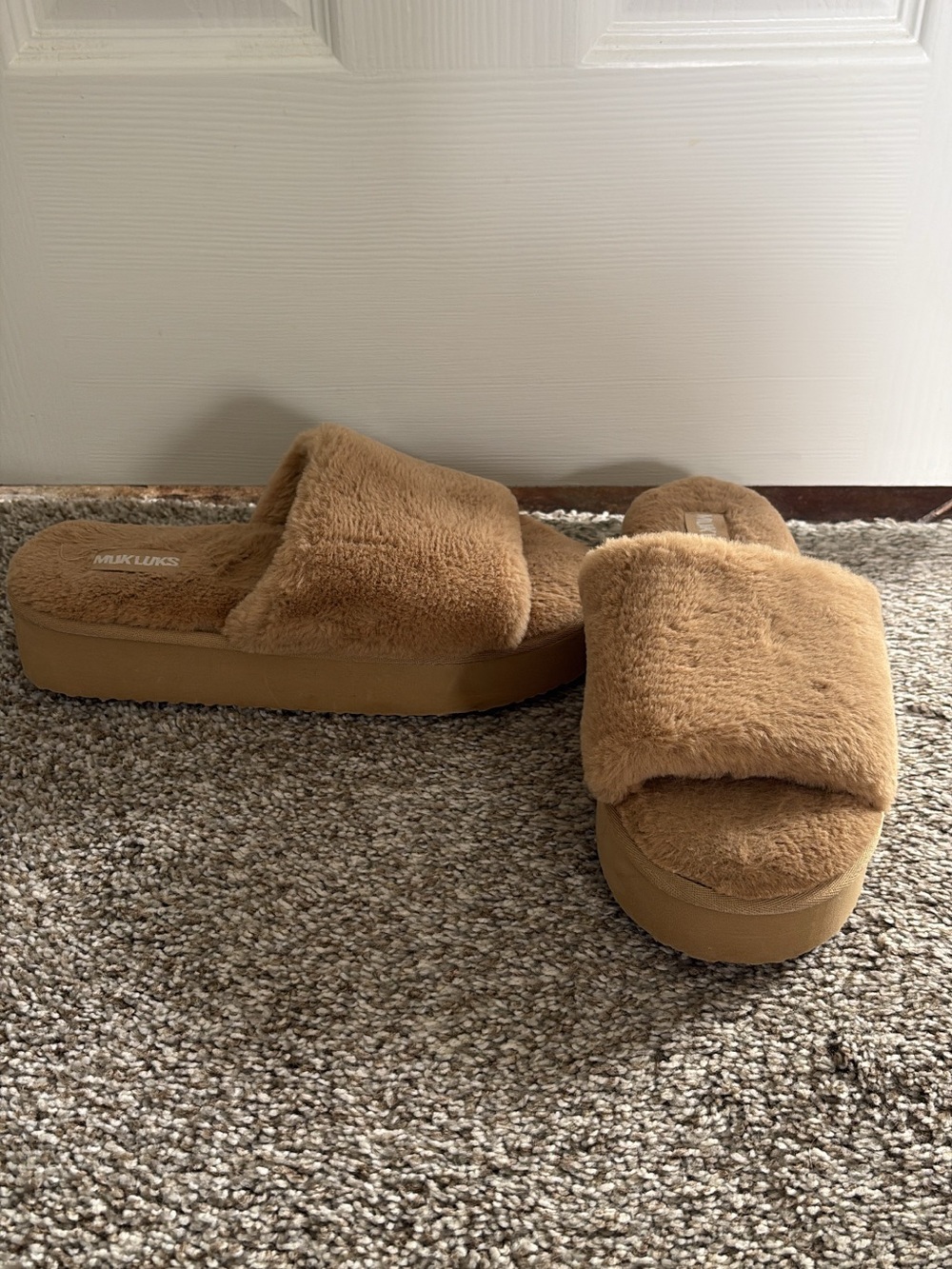Muk Luks Faux Fur Slide Sandals in Camel Brown